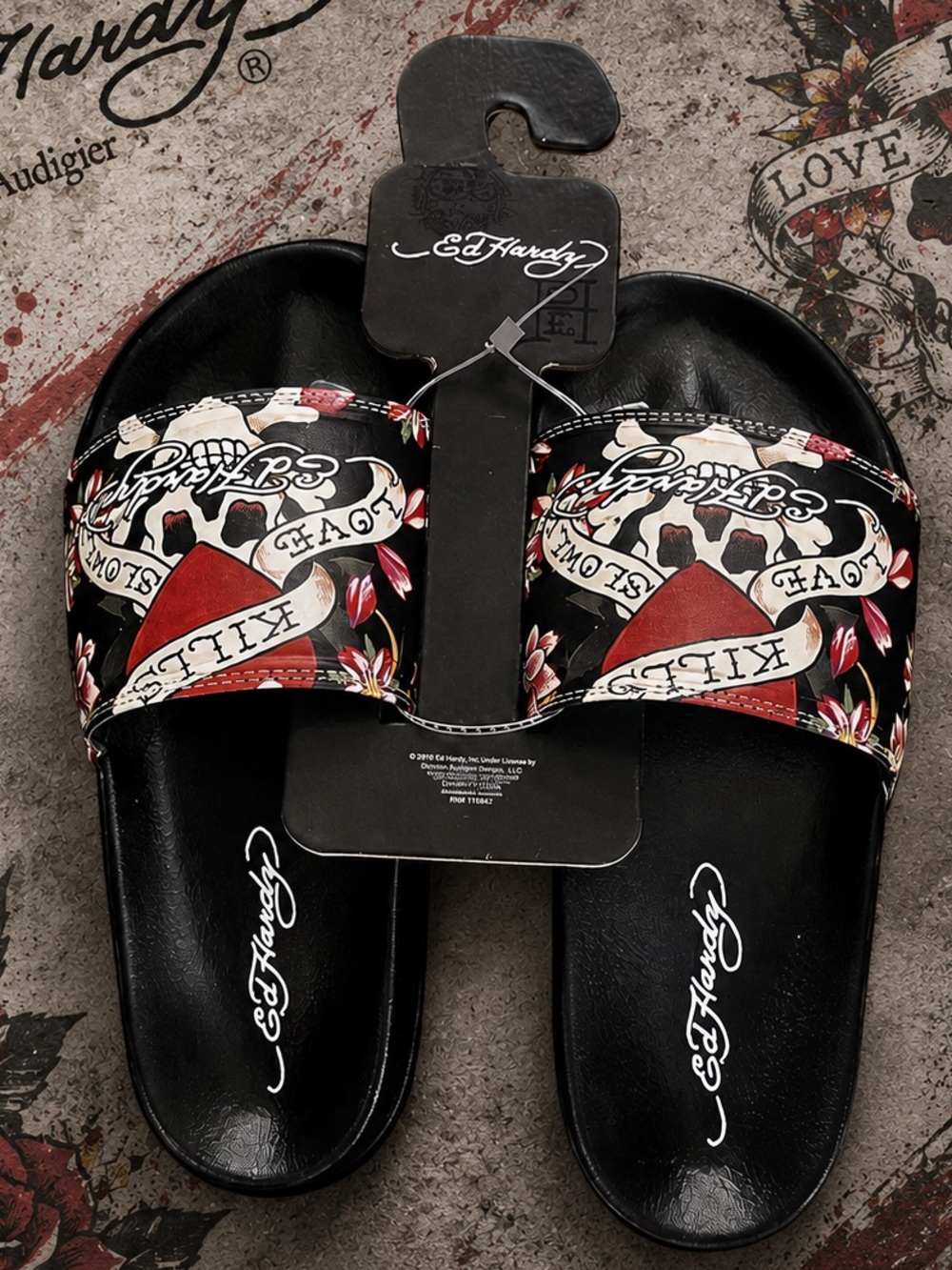 Ed Hardy Black/White/Red Skull & Rose Slide Sandals shoes NWT Size 7